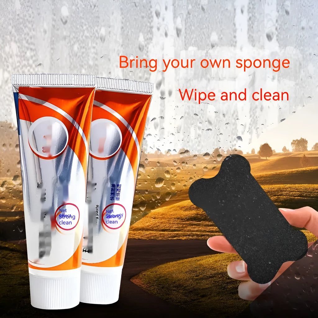 White 65ml car windshield cleaning agent paste in 13.2cm packaging with sponge applicator for glass descaling.