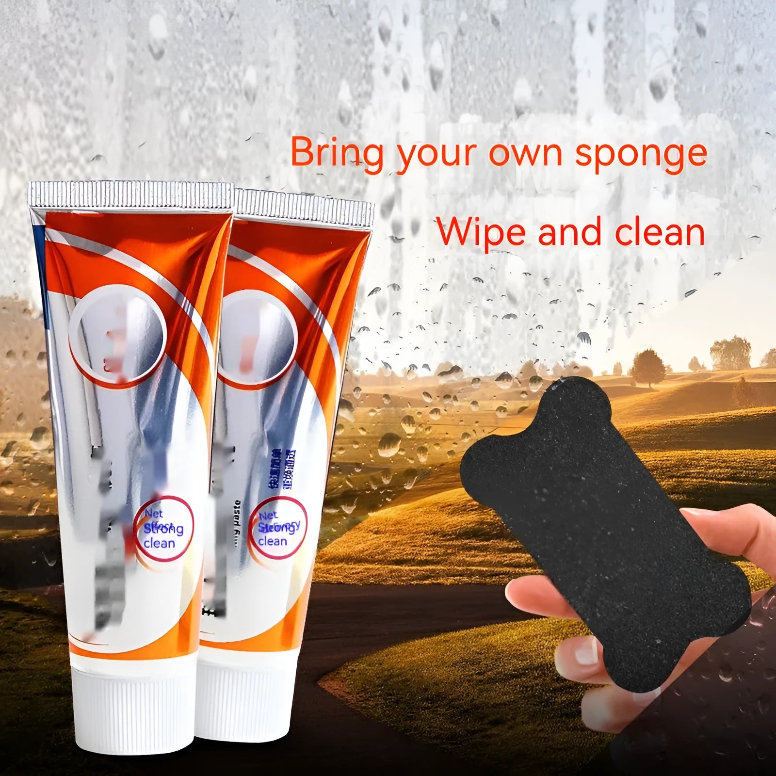 White 65ml car windshield cleaning agent paste in 13.2cm packaging with sponge applicator for glass descaling.