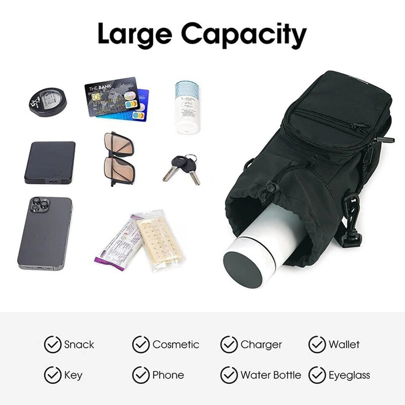 Cloth water bottle pouch crossbody bag in black, green, or pink colours with an adjustable strap.