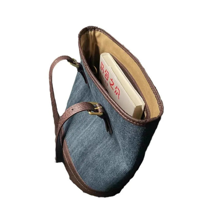 Denim patchwork retro bucket handbag with one-shoulder strap showing 23x27x16cm dimensions
