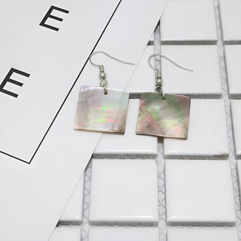 Geometric shell earrings with natural retro styling in square panther or rectangular shell colour options
