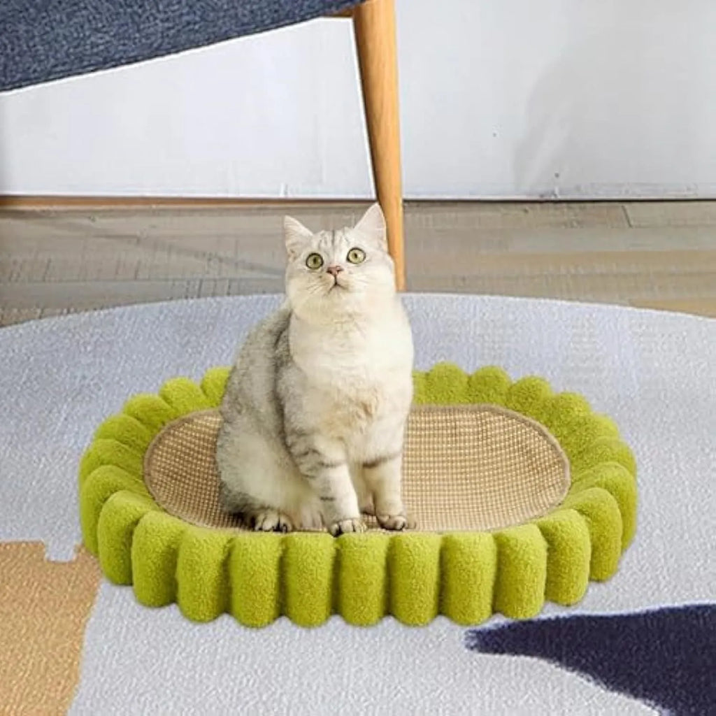 Green oval cat scratcher pad and bed made from sisal, measuring 65cm long.