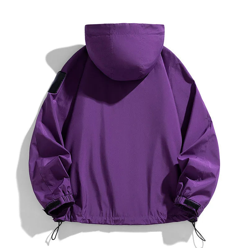 Men's black waterproof windproof hooded jacket on a hanger