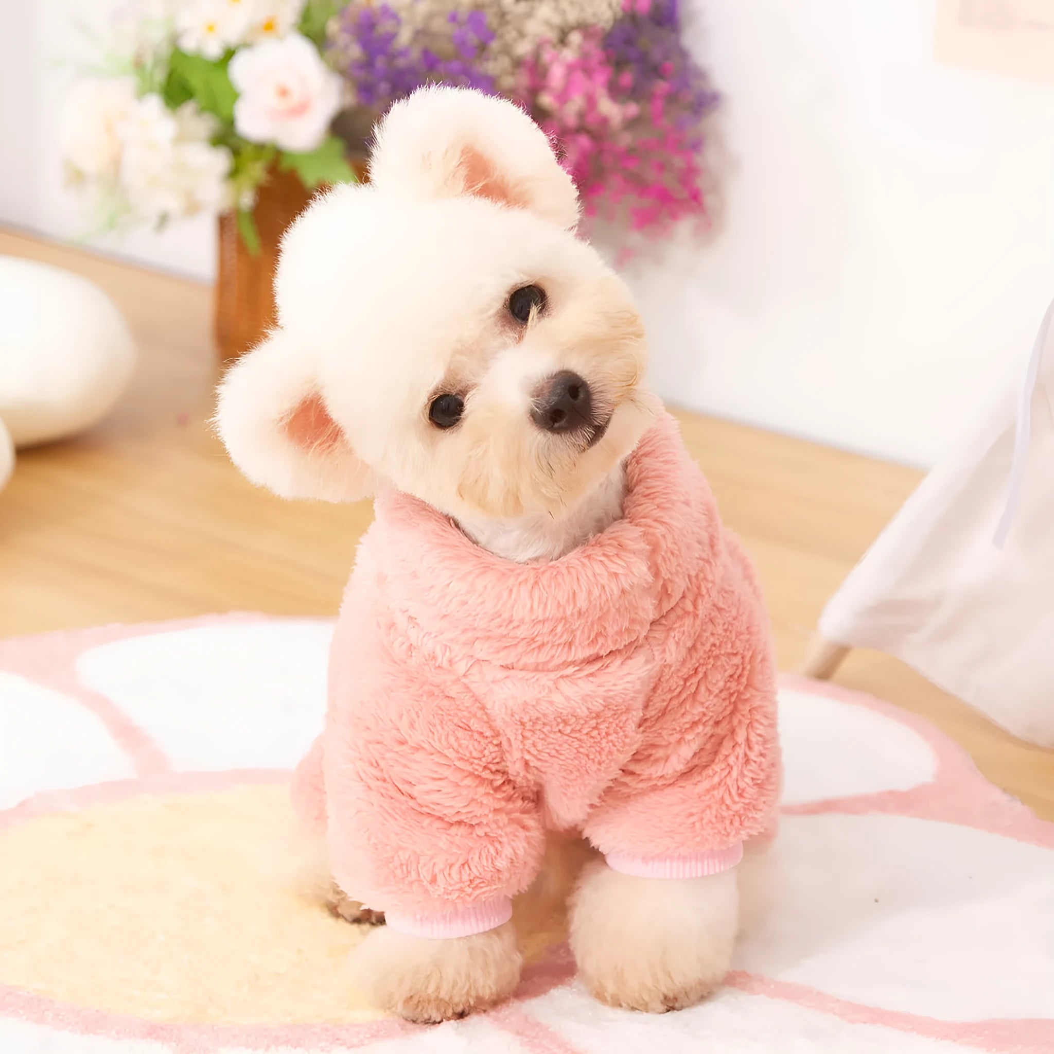 Double-sided plush dog clothing with high collar and four-legged design in blue colour