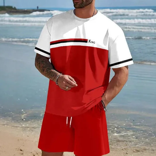 Men's loose fit short-sleeved polyester T-shirt and matching shorts set in a light colour.