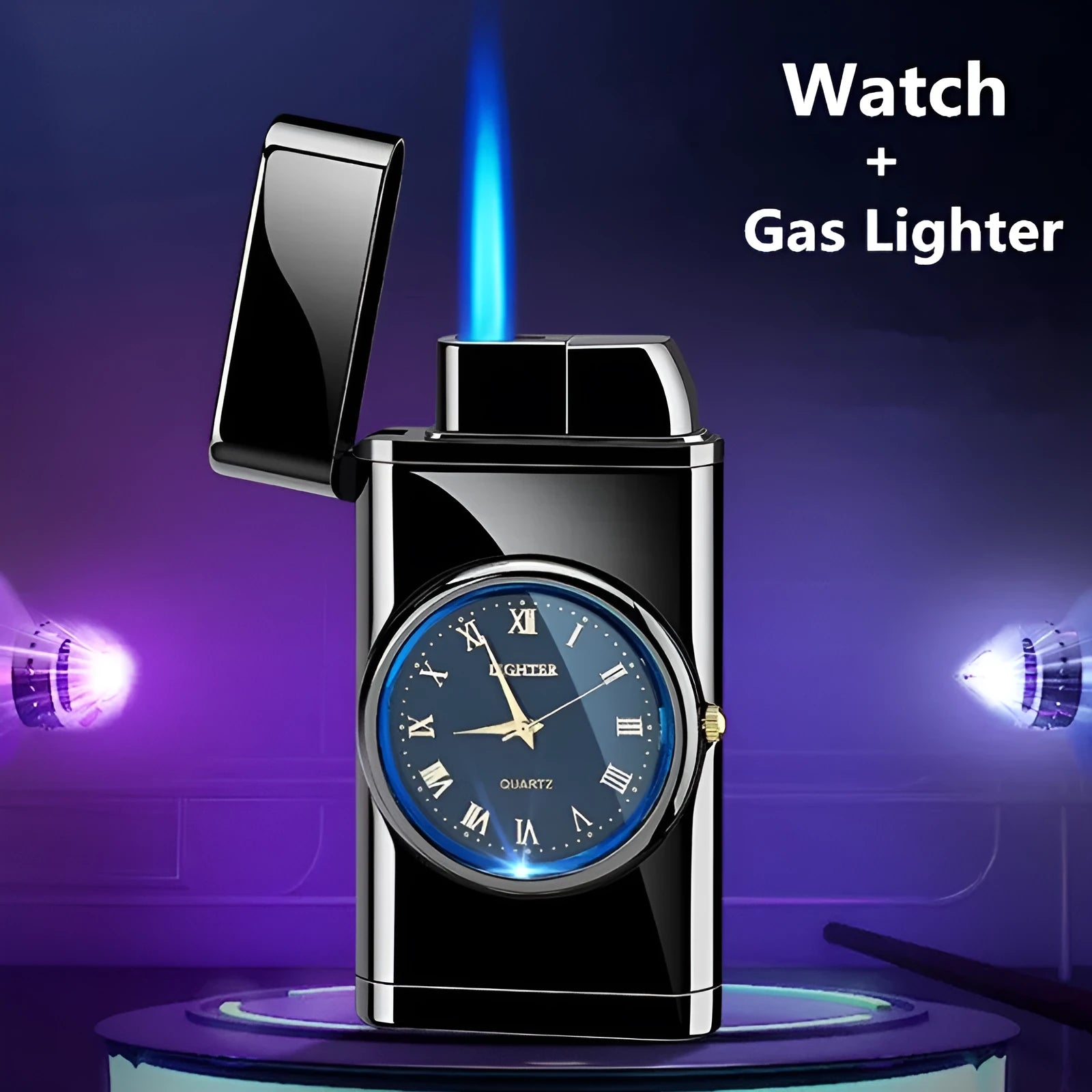 Metal electronic watch lighter with wind-resistant flame, LED light, and multiple finish options