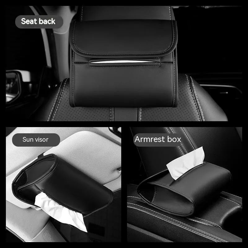Leather car tissue box with elastic band button for sun visor or chair back mounting