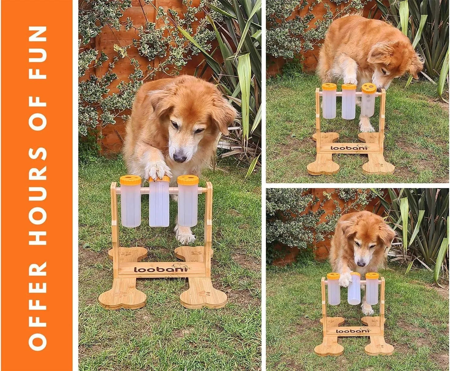 Natural wood colour interactive dog puzzle toy snack dispenser feeder on floor