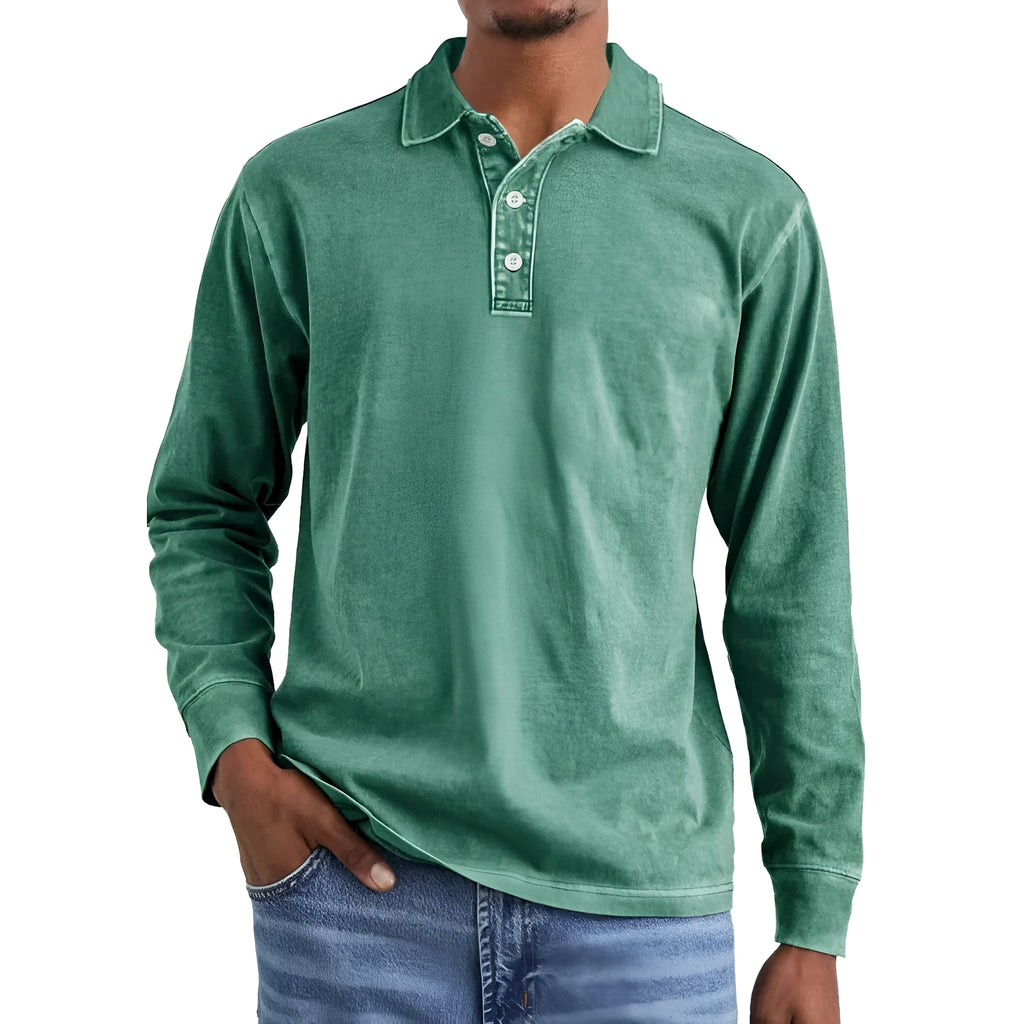 Retro washed distressed pure cotton long sleeve polo shirt with lapel collar in Army Green