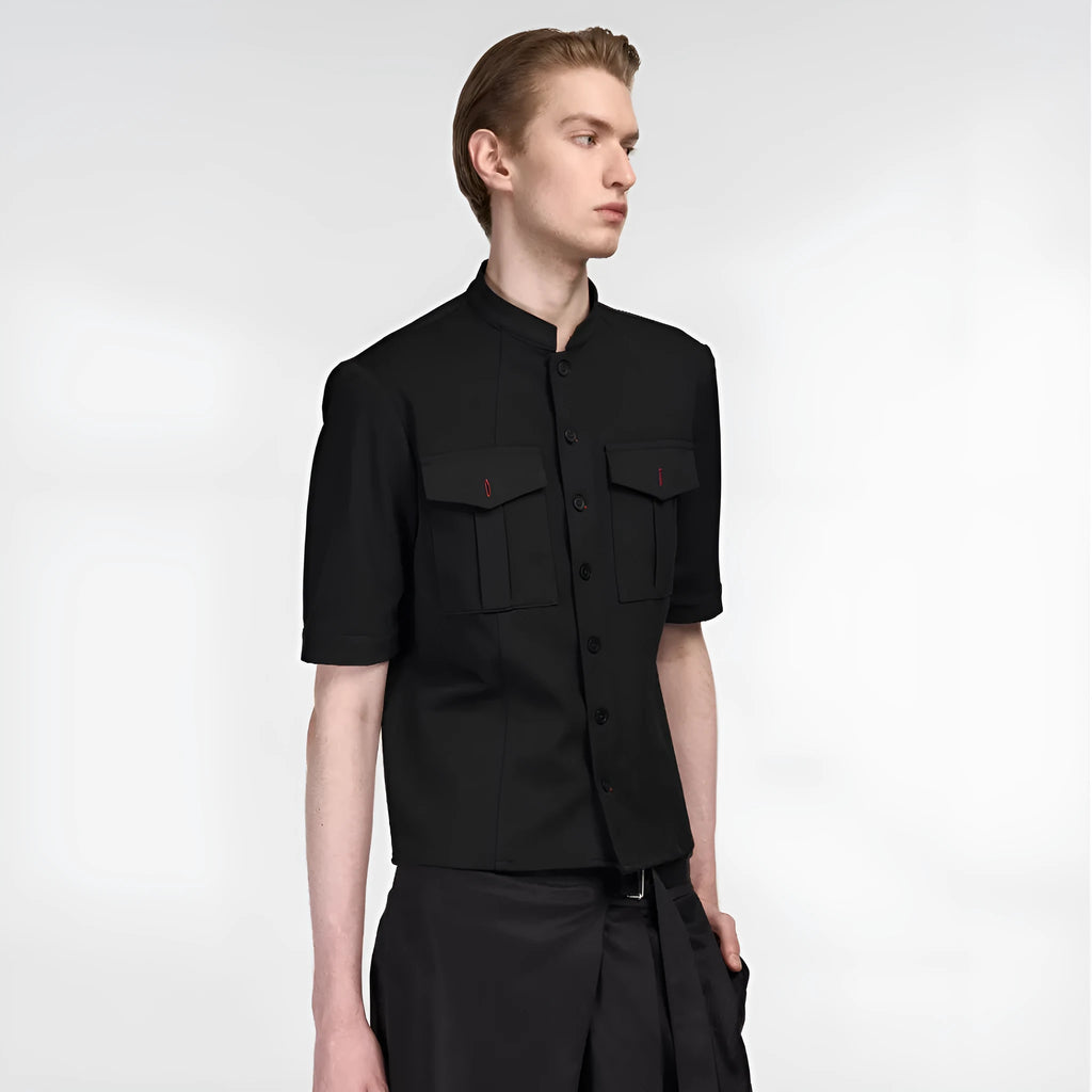 Black handmade red eye hunting shirt with half sleeves, shirt collar, and single-breasted placket.