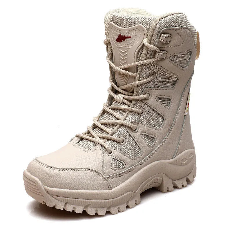 Cowhide leather hi-top hiking shoes for outdoor activities in black brown beige colours