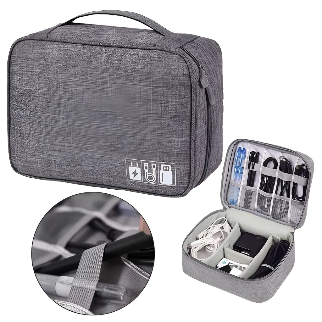 Black waterproof electronics organiser case open, showing mesh pockets, elastic loops, and removable padded dividers inside.