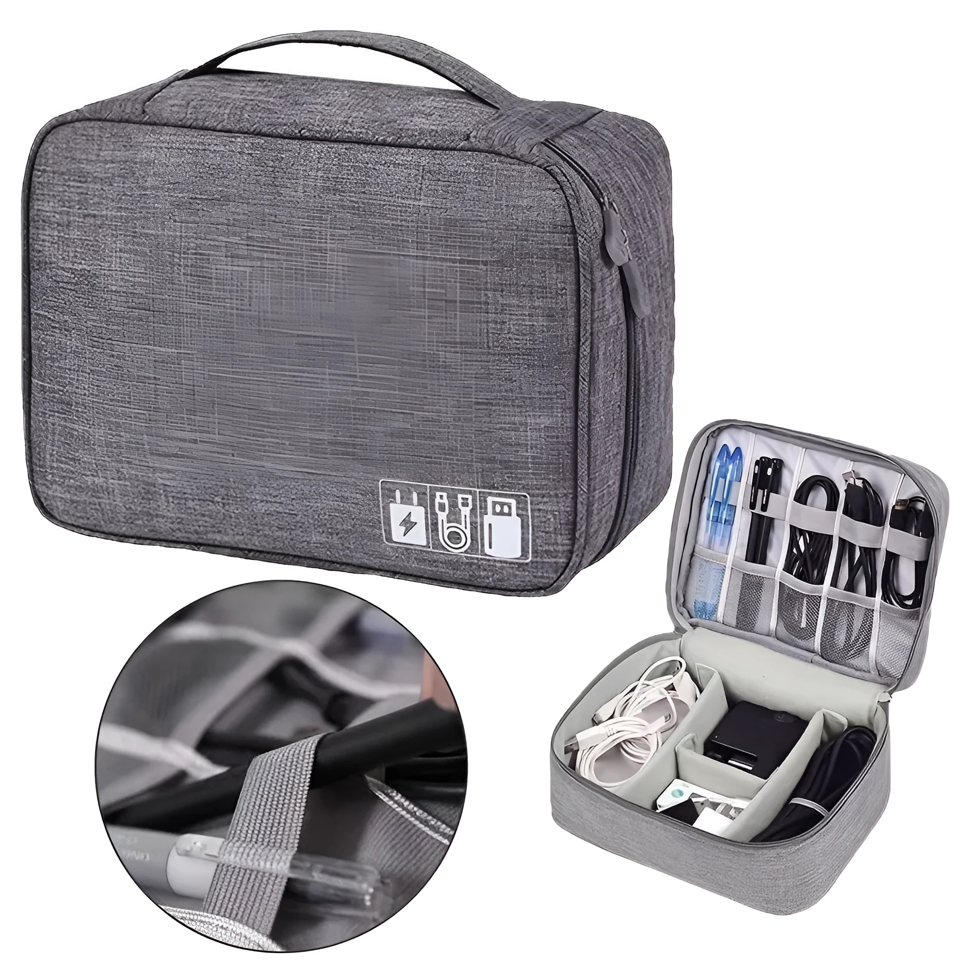 Black waterproof electronics organiser case open, showing mesh pockets, elastic loops, and removable padded dividers inside.