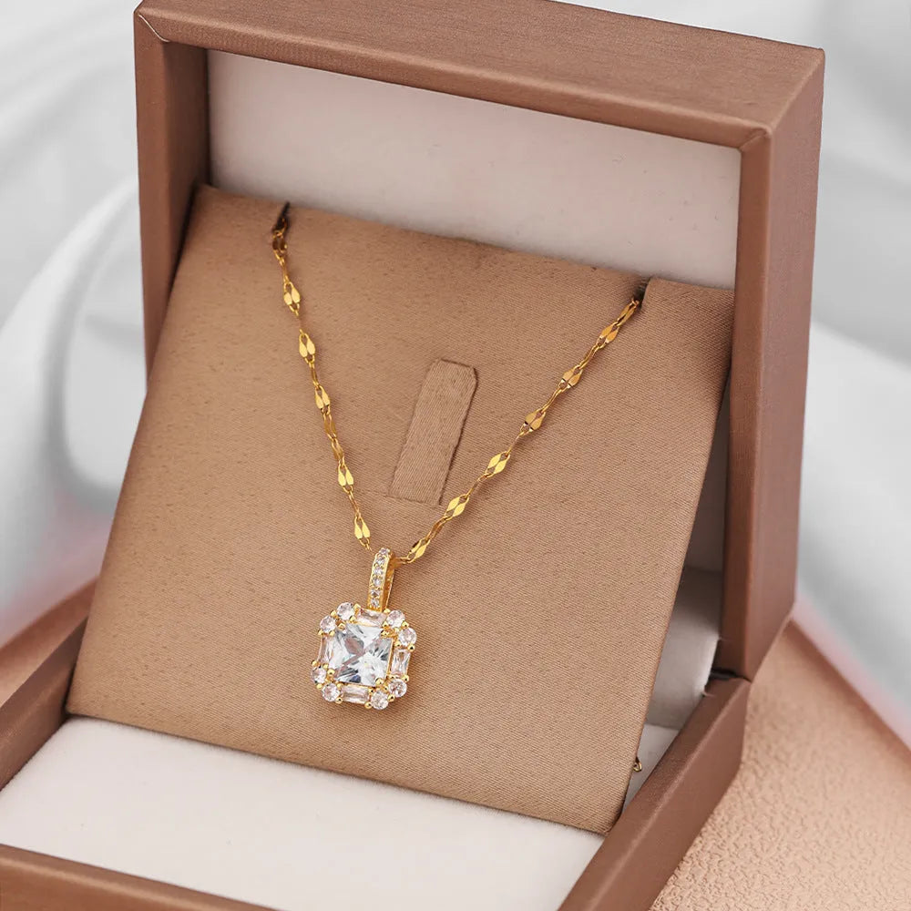 Women's gold titanium steel necklace with quadrilateral gem-inlaid pendant on water wave chain