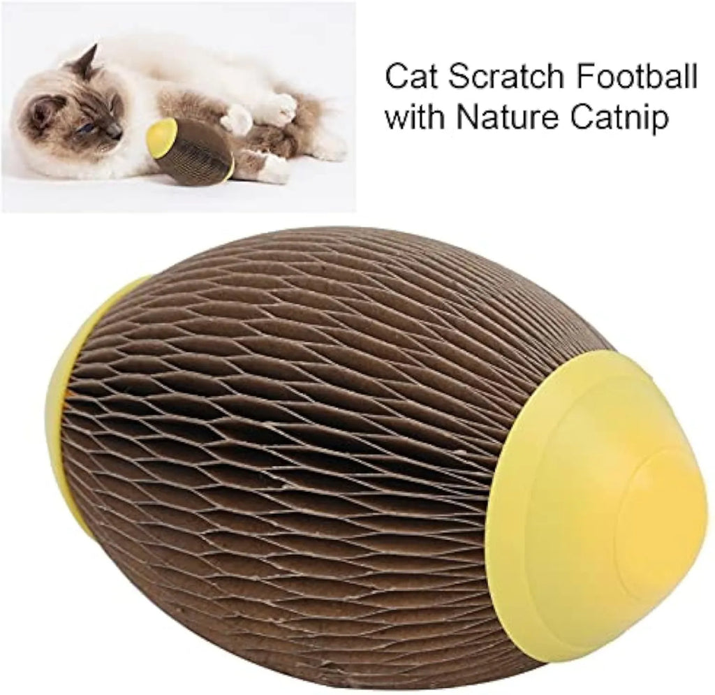 Ellipse-shaped catnip scratch ball toy made from recycled corrugated paper for feline exercise and play