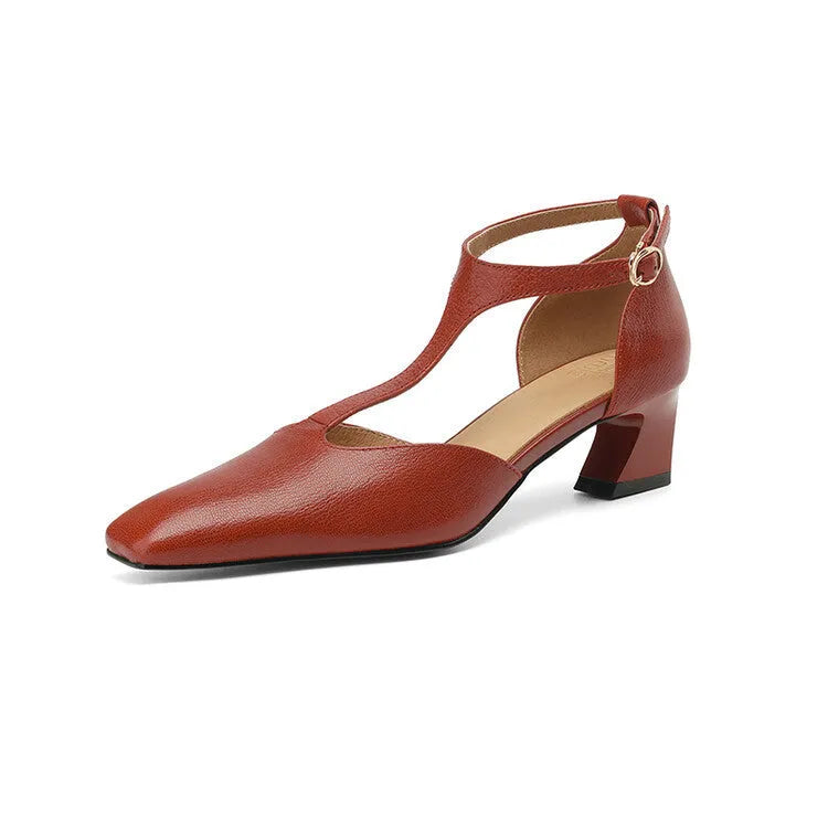 Wine red women's square toe chunky heel shoes with buckle, made from sheepskin leather.