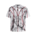 Women's short sleeve T-shirt with padded shoulders and textured 3D line patchwork detail on a round neck top.