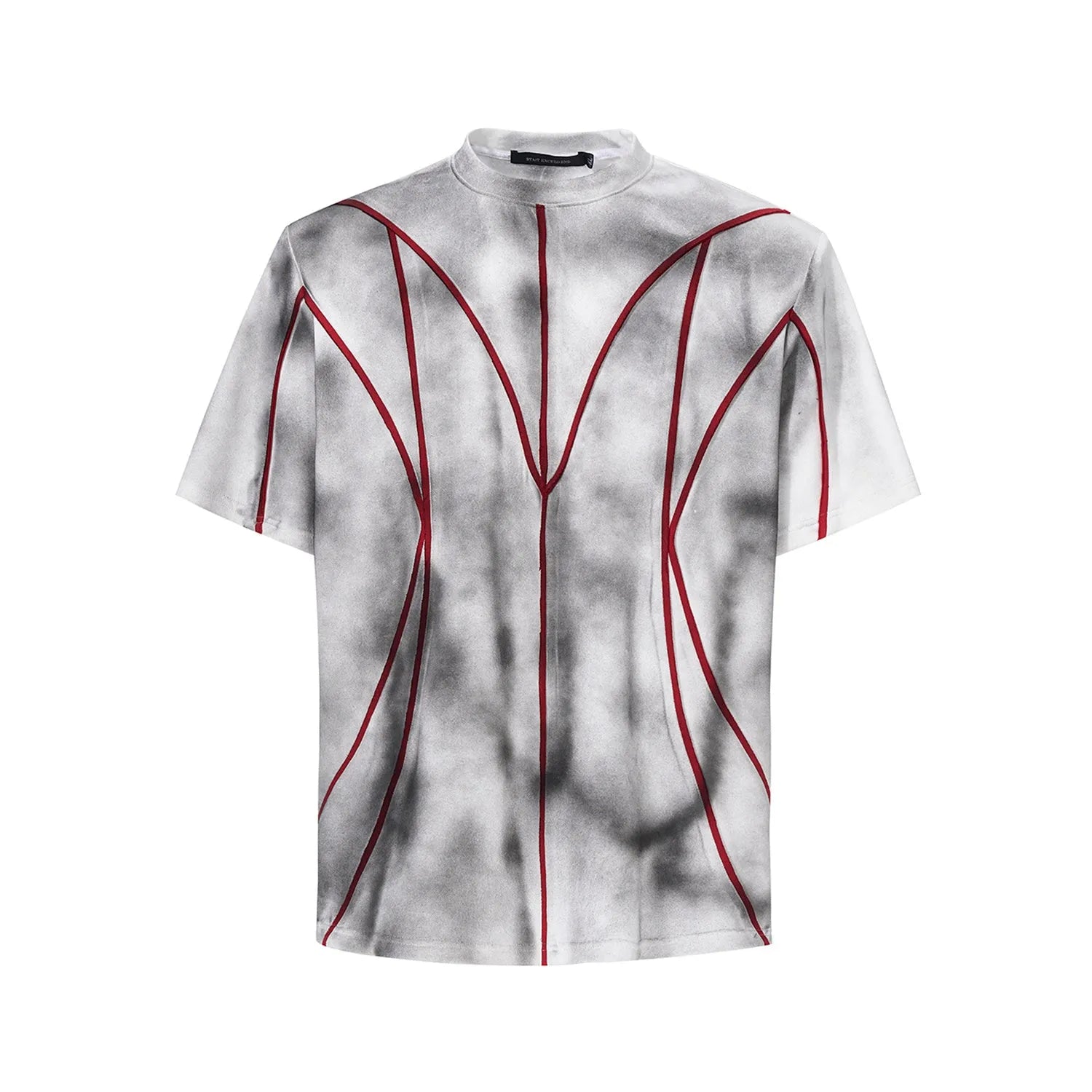 Women's short sleeve T-shirt with padded shoulders and textured 3D line patchwork detail on a round neck top.