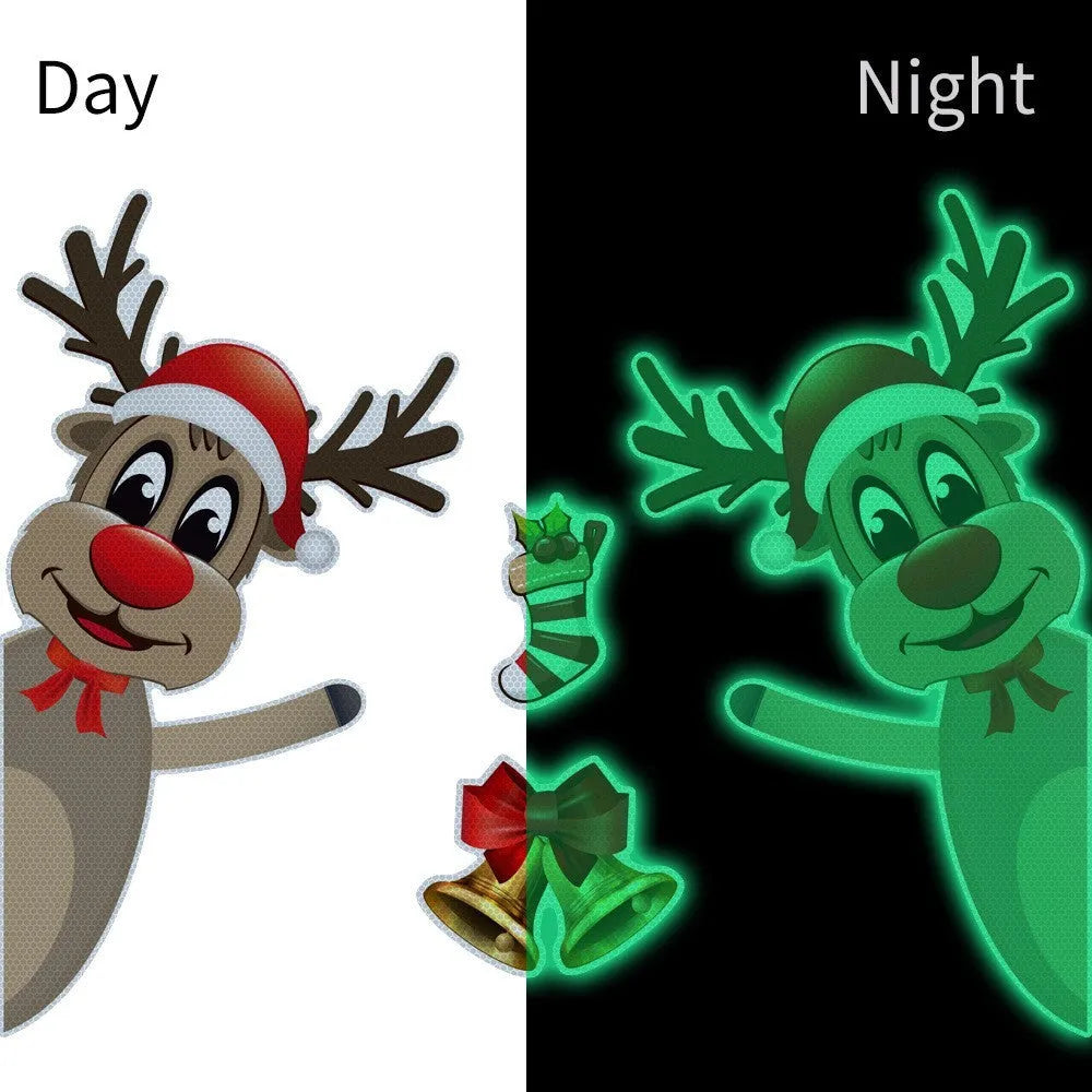 Cartoon Christmas elk bell design magnetic bumper stickers with reflective and luminous features on a vehicle.