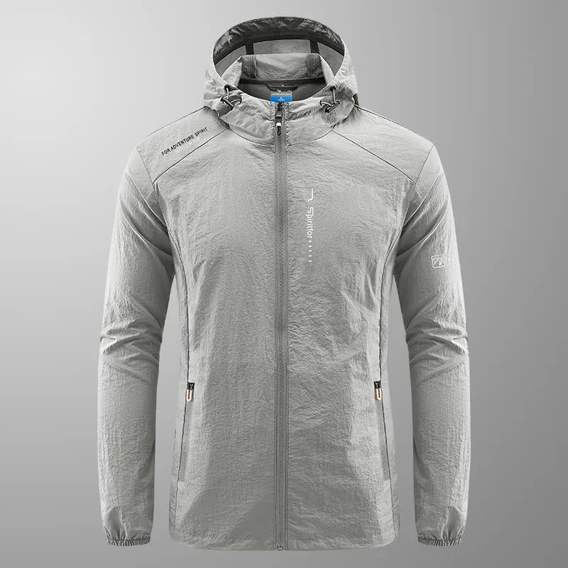 Men's lightweight nylon hooded jacket in light grey colour for summer outdoor sun protection