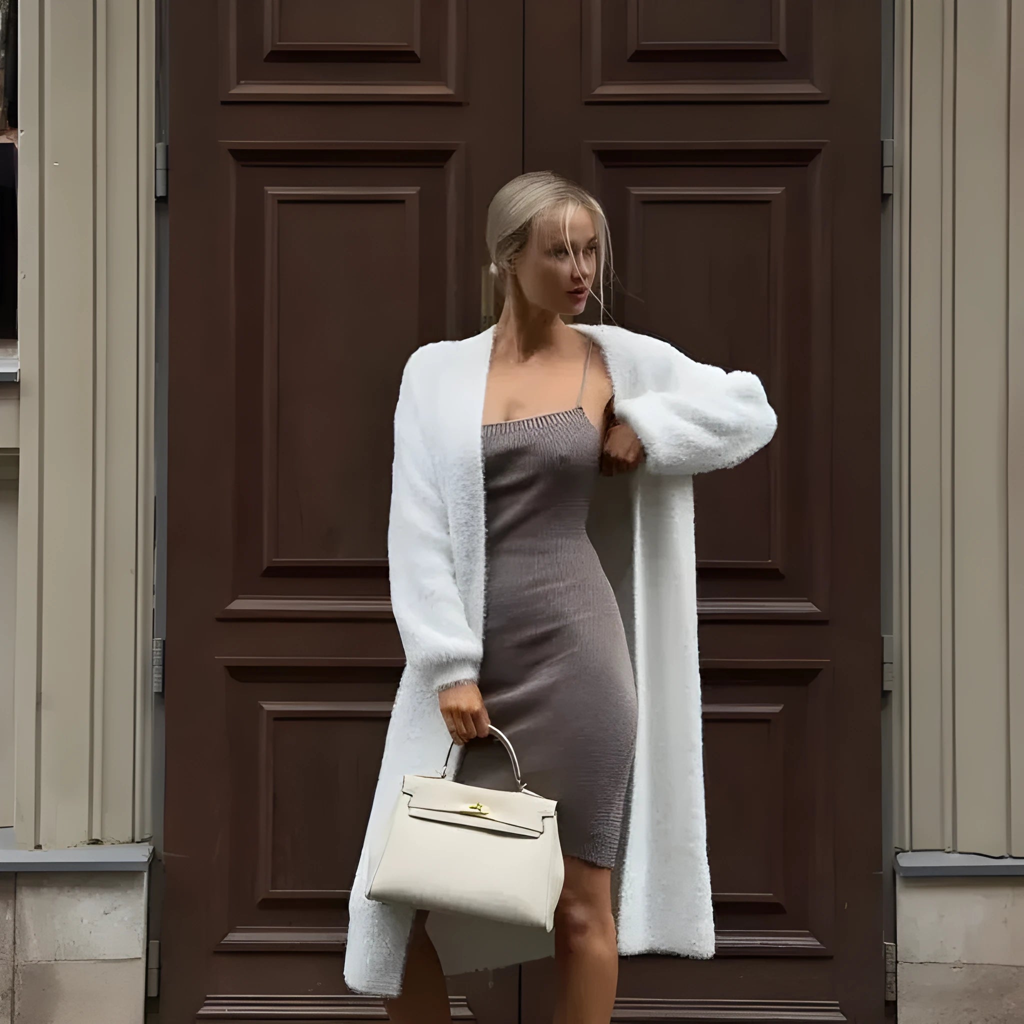 White polyester knit cardigan jacket with extended length and loose fit