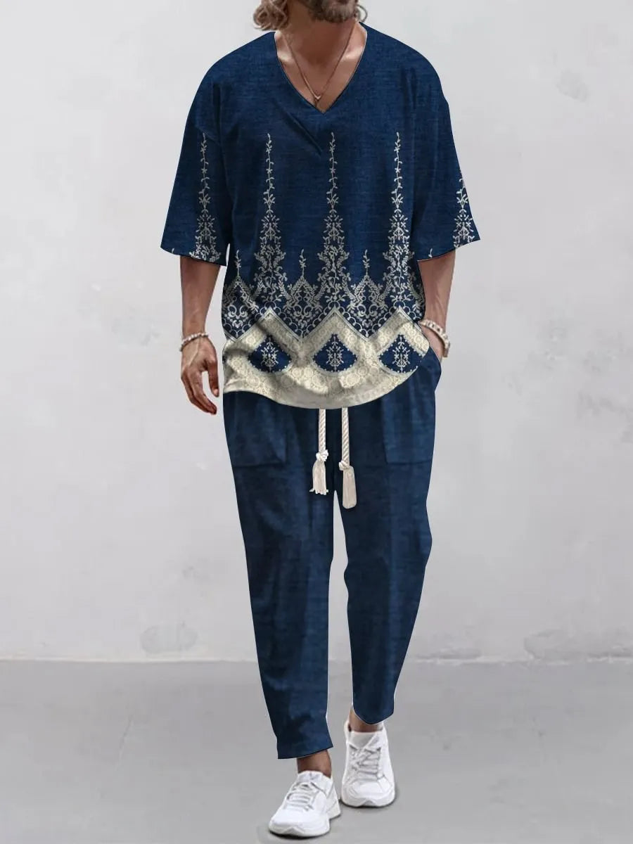 Cropped sleeve V-neck jacket and matching trousers suit set in thin polyester fabric