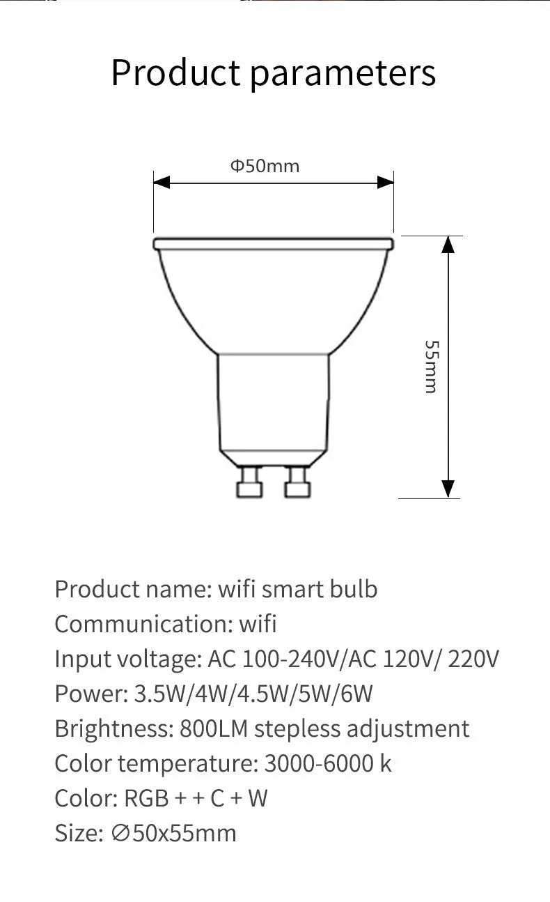 Smart GU10 LED spotlight bulb with RGBCCT colour adjustment and wifi connectivity for voice control