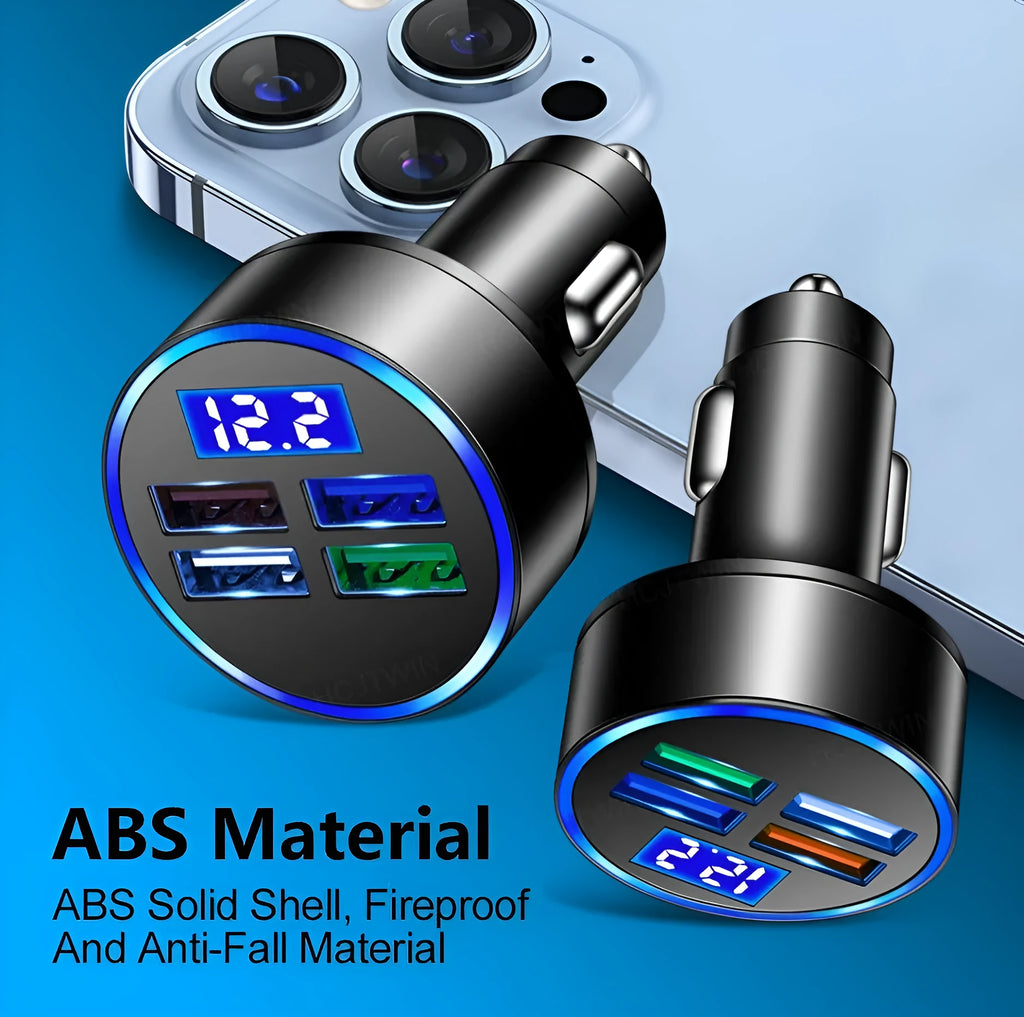 Black multi-port USB car charger with four ports and cigarette lighter plug for vehicle use
