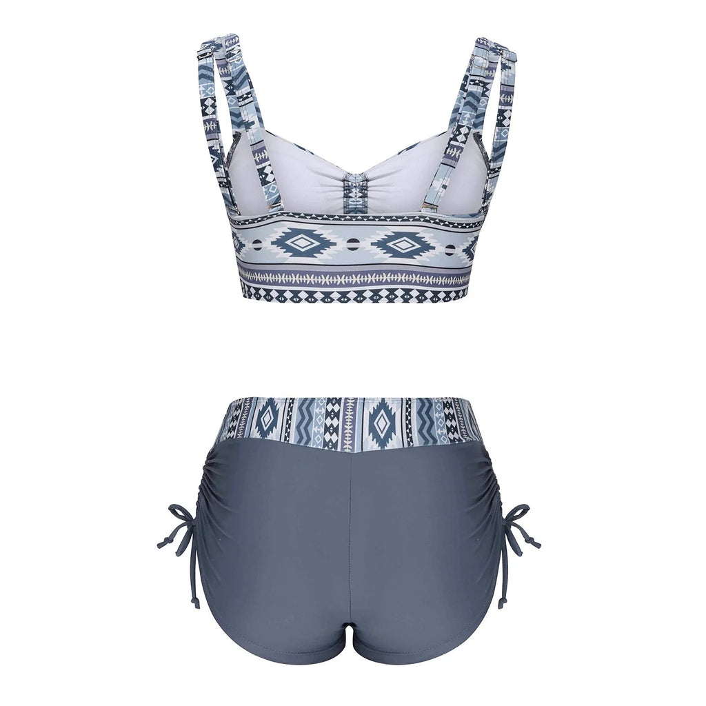 Women's split bikini swimsuit without underwire, shown in available colours.