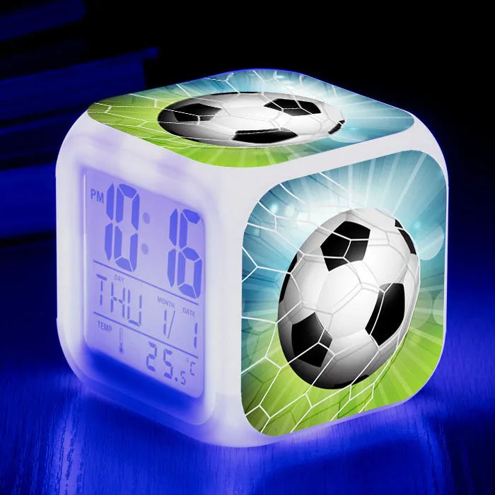 Square football pattern alarm clock with cartoon styling and mute alarm function