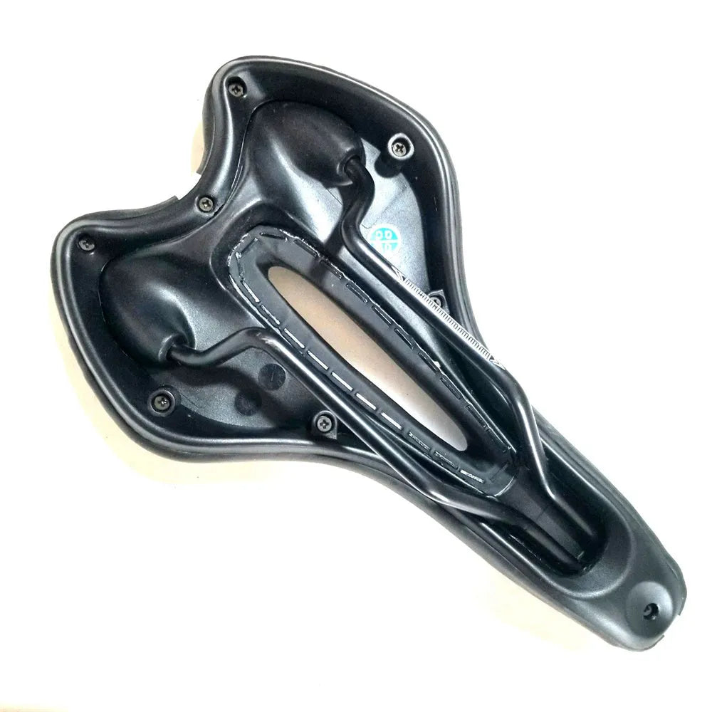 Bicycle saddle cushion with silicone gel insert, waterproof PU leather cover, steel bow frame, and included wrench and tire patch kit