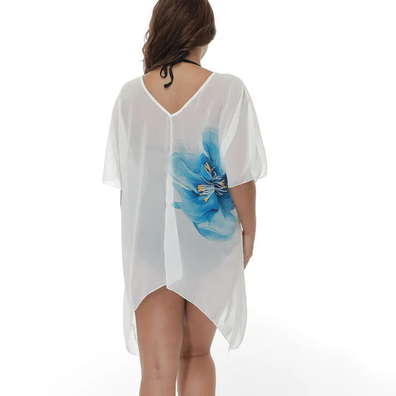 White plus size beach cover-up blouse with loose fit for sun protection during swimming
