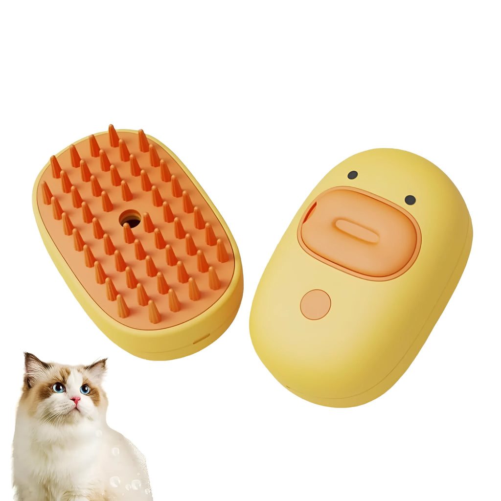 White rechargeable pet steam brush with water tank for grooming dogs and cats.