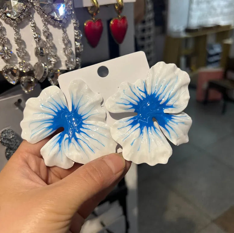 Alloy flower stud earrings with oil-spot glaze finish in blue, green, purple, and rose colour options