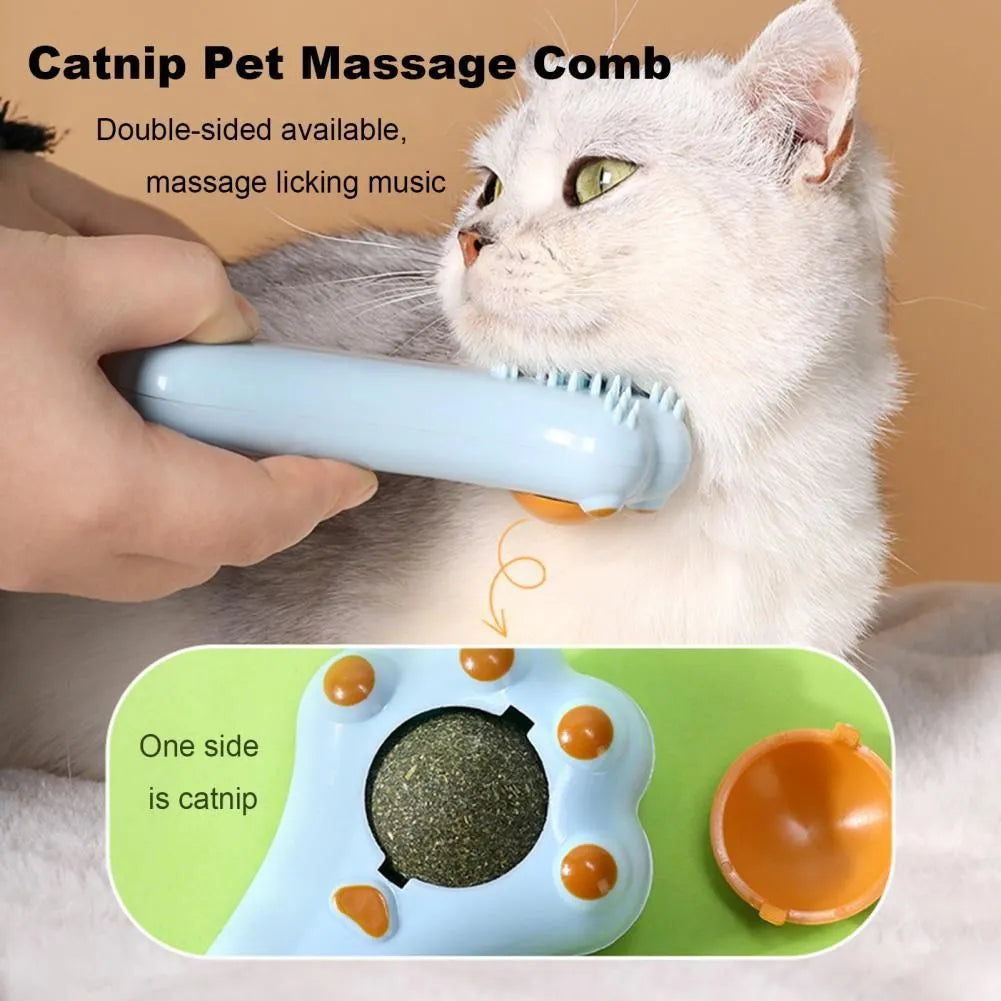Dual-purpose cat massage comb with gentle teeth and catnip in cartoon design