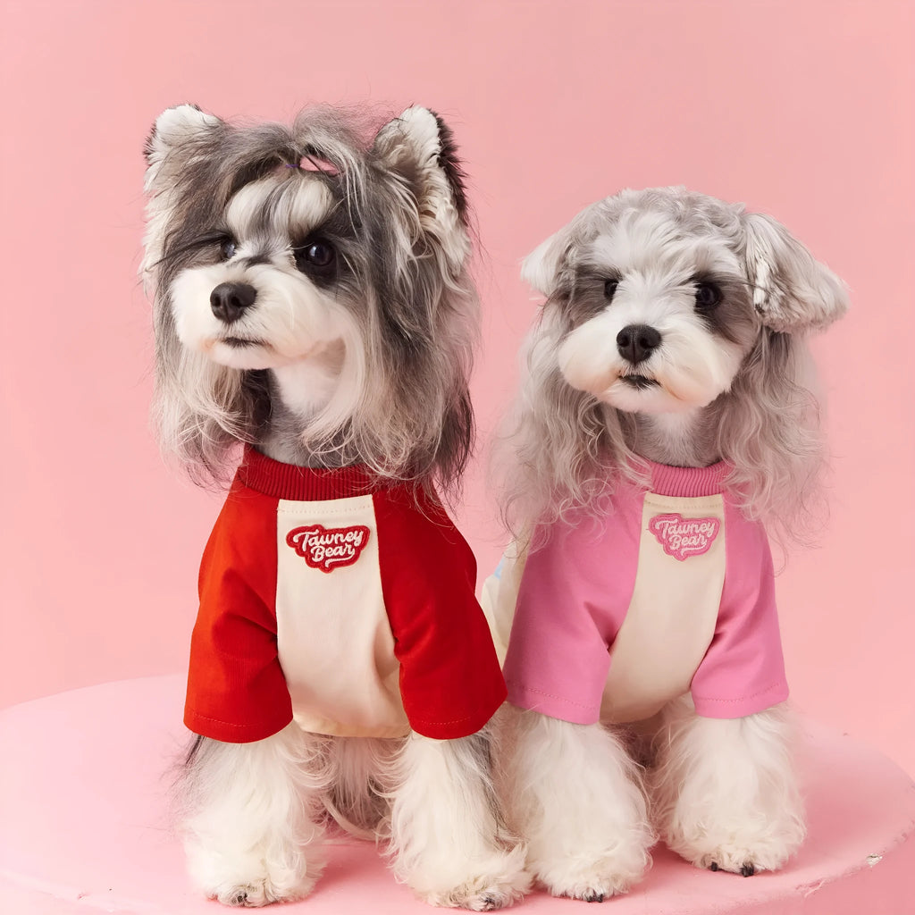 Cotton dog summer clothes with embroidered design in red or pink, sizes XS to XXL
