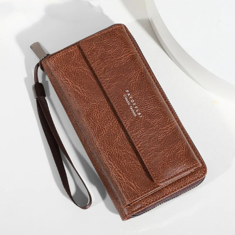 Men's black PU leather wallet with multiple card slots showing interior organisation