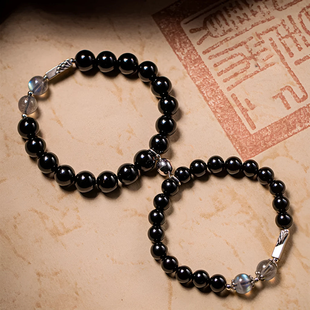 Obsidian Buddha beads DIY couple bracelet kit with 8mm and 10mm beads and thread.