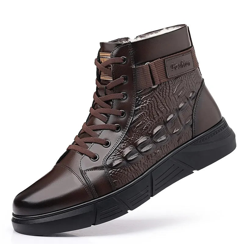 Genuine leather winter boots with fur trim and non-slip rubber sole in black or brown velvet colours