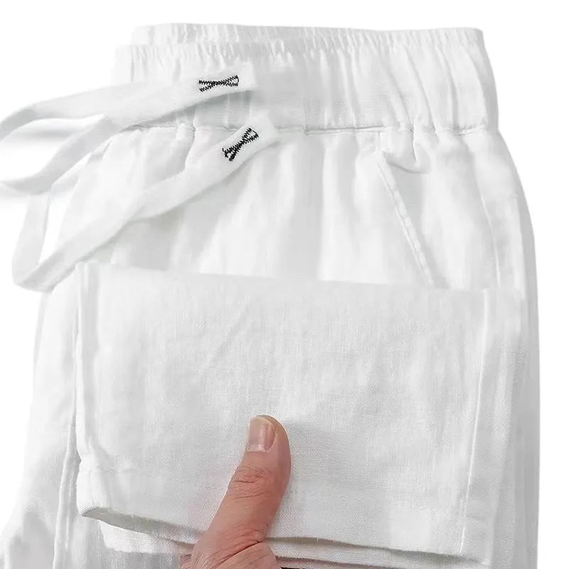 Pure linen Chinese style trousers with drawstring elastic waist in straight-leg design