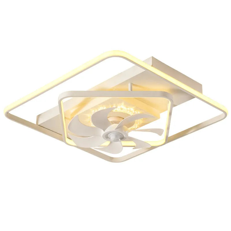 Thin suction ceiling fan lamp with acrylic shade and plastic blades, 1100x700mm dimensions