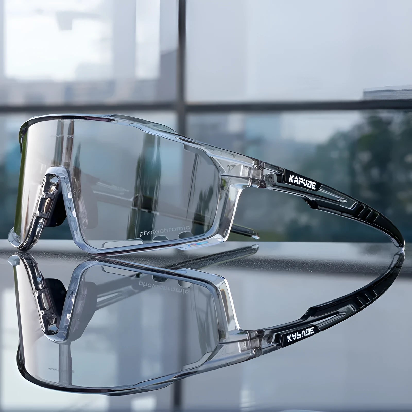 Photochromic cycling sunglasses with a semi-rimless TR90 frame in one of fourteen colour options.