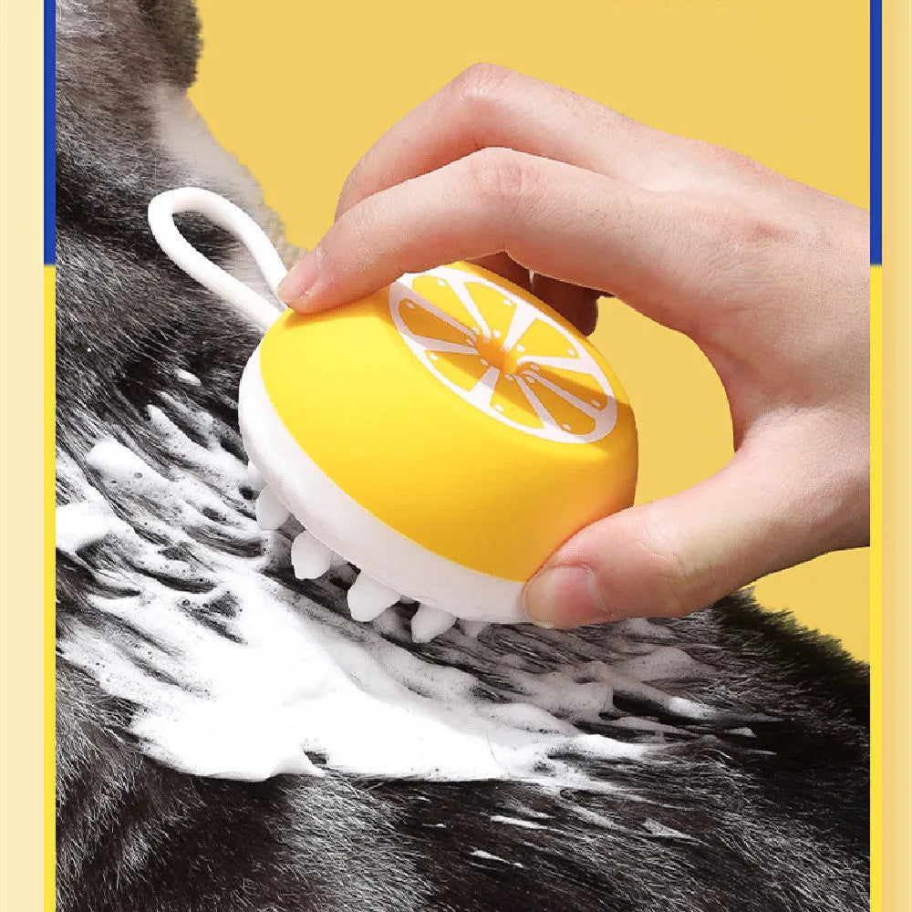 Yellow silicone pet bath brush comb with 3D massage head for dog and cat grooming