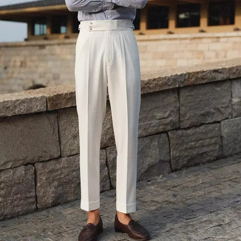 Men's slim fit straight leg formal trousers in black, white, and apricot colours on a size chart background.