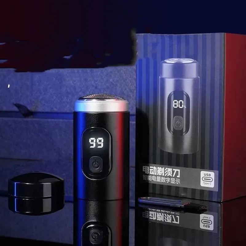 Black portable USB rechargeable shaver with cleaning brush and protective cover.