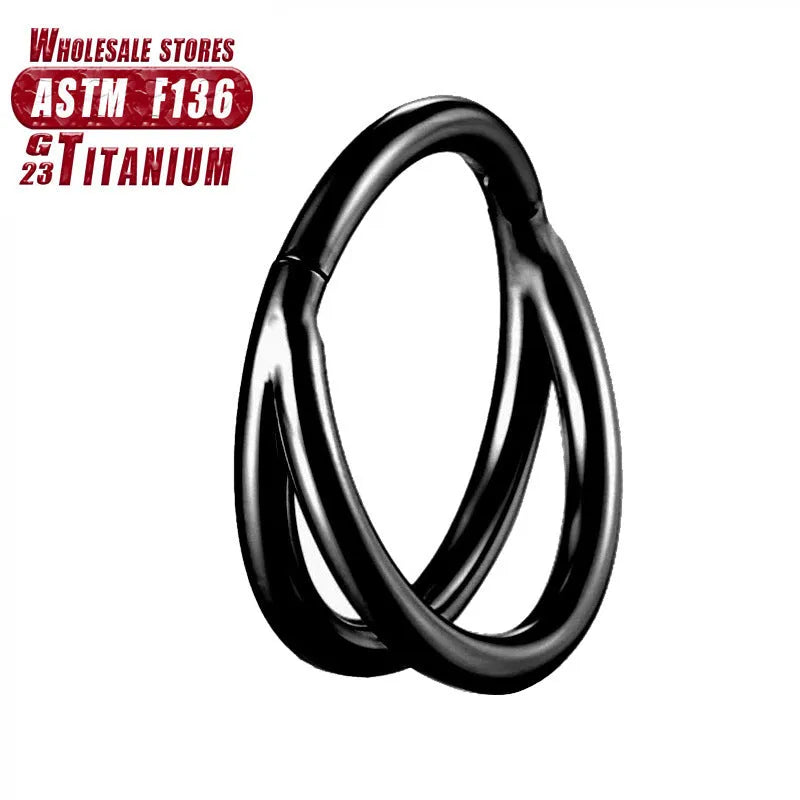 Titanium alloy L-shaped fork nose ring in silver, gold, black, rose gold and colourful finishes on a white background.