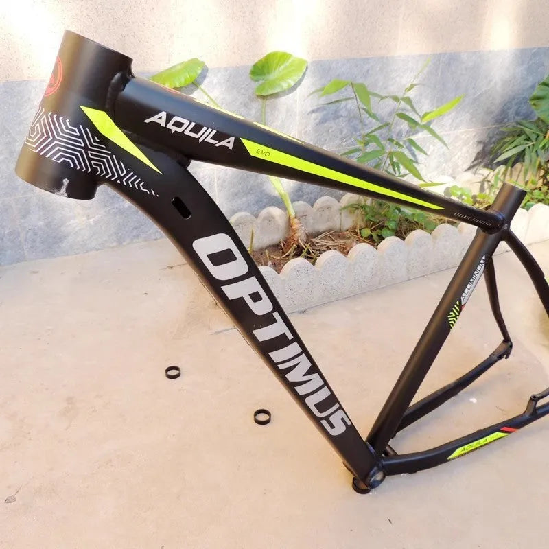 29-inch black green aluminium mountain bike frame with disc brake mounts and inner cable routing