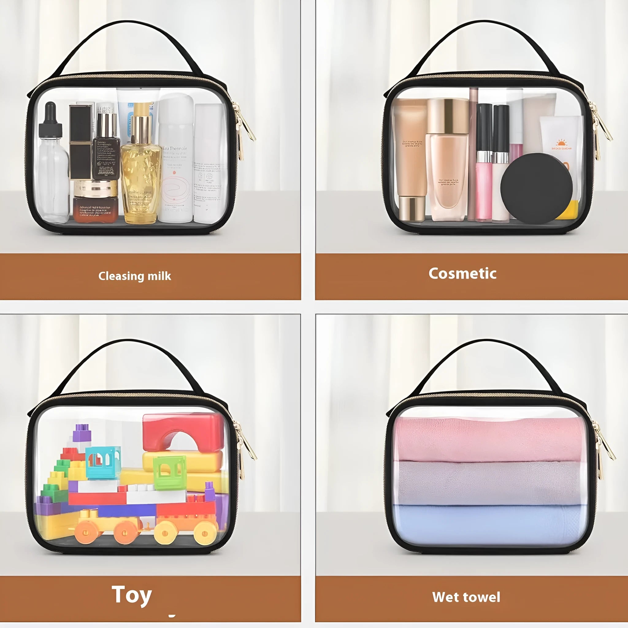 Transparent PVC makeup wash bag with a metal chain, showing various colour options.