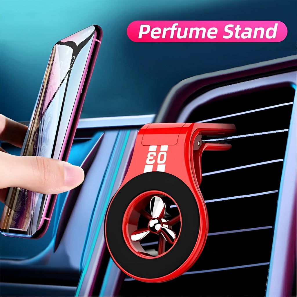 Black magnetic car air vent phone holder with adjustable angle and built-in perfume diffuser.