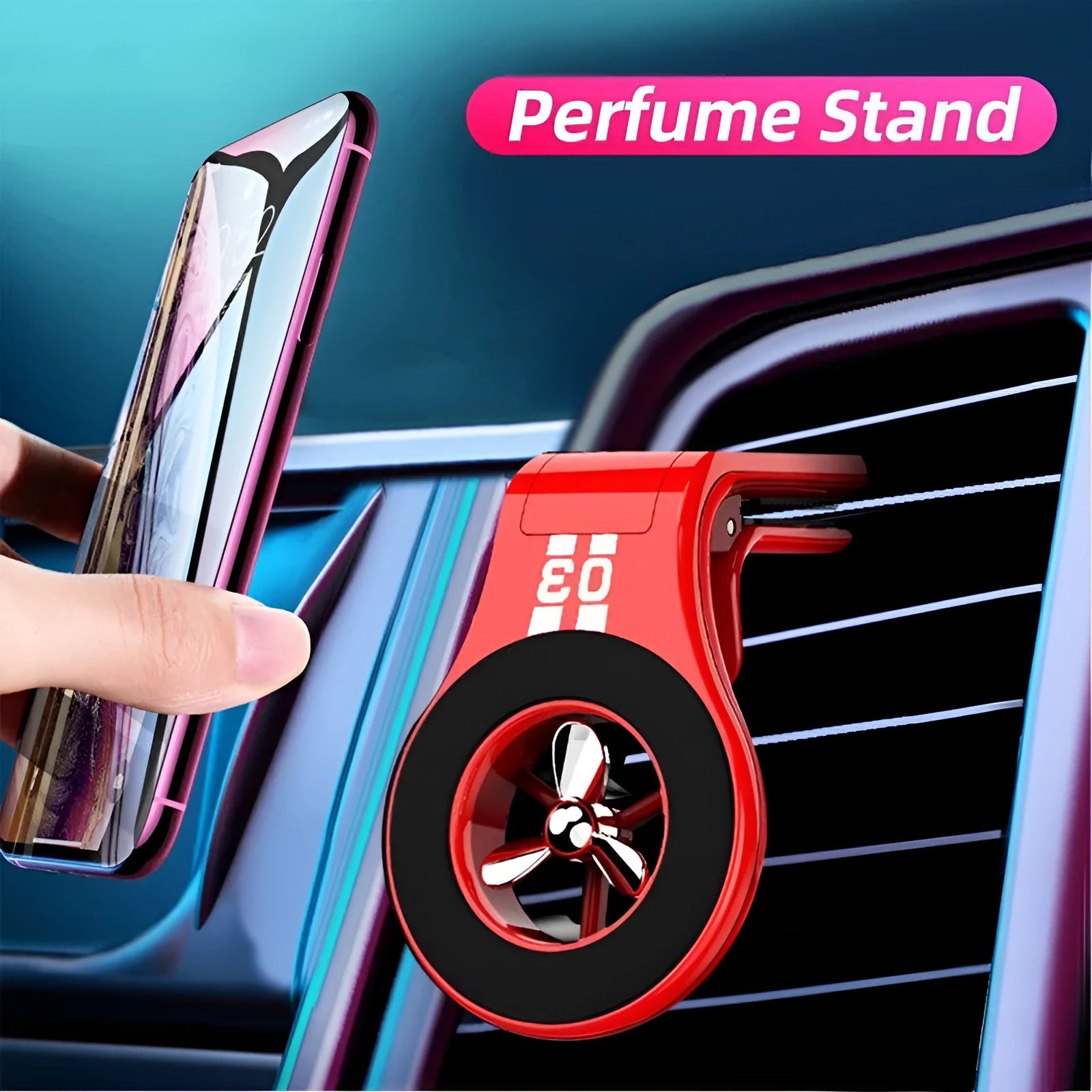 Black magnetic car air vent phone holder with adjustable angle and built-in perfume diffuser.